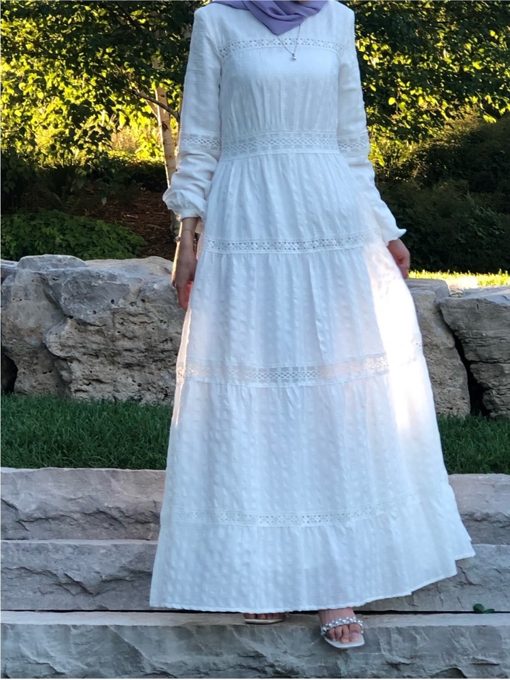 Annah Hariri White Tiered Maxi Dress Long Sleeve Lace Trim Modest 6